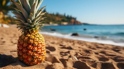 Fresh pineapple with a background on beach sand - obrazy, fototapety, plakaty