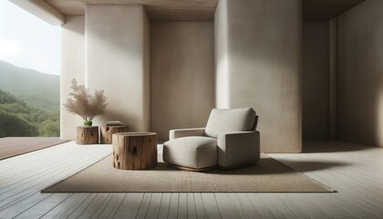 ide angle view of a contemporary living room with rustic minimalist aesthetics