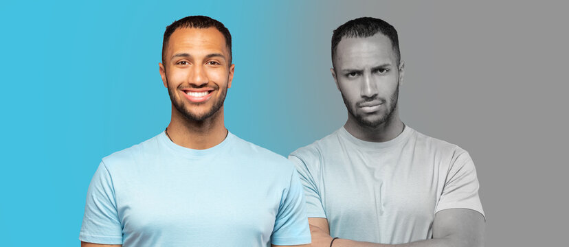 Glad, unhappy millennial arab man suffer from depression, stress