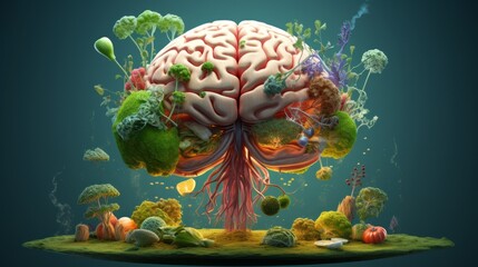 Nutritious food in shape of brain. Health brain concept - obrazy, fototapety, plakaty