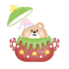 Cartoon teddy bear in the glass Christmas by wood color PNG