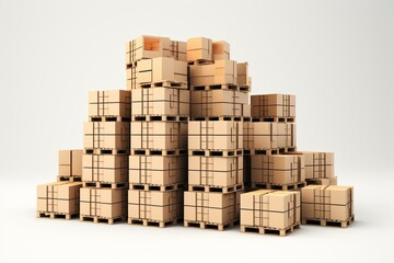 3D render of stacked boxes on pallets for shipping in a warehouse. Isolated on white background. Generative AI