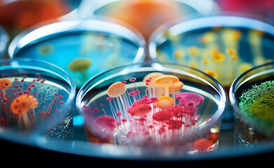 Colorful variety of microorganism inside petri dish plate in laboratory.	