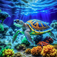 Fototapeta premium Underwater panorama of a bright tropical reef with a turtle