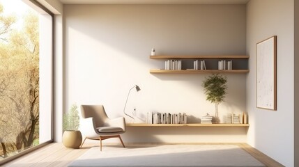 Living room wall mockup in bright tones with have sofa and plant with gray wall background.