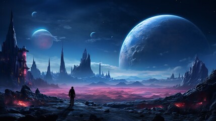Fototapeta premium Fantasy landscape with fantasy planet and futuristic city. 3d rendering
