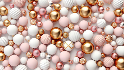 Christmas decoration confetti with gold and white ball ornaments and pine, in the style of soft gradients, luxurious textures, minimalist backgrounds, high resolution,  light bronze and pink