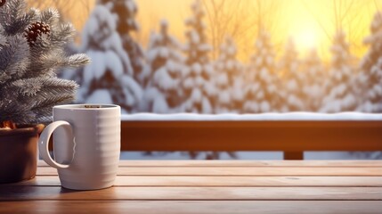 Christmas Mug with hot drink on blurred background with bokeh effect. AI Generated.