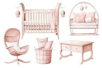 Watercolor set of soft pink baby furniture in a Scandinavian style, featuring natural materials and minimalism.