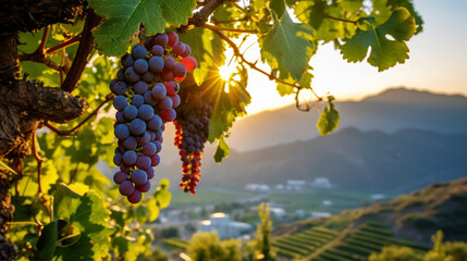A large bunch of ripe blue grapes on the vine, with blurred mountains on background. Generative AI
