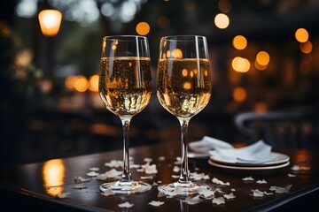 Two champagne flutes elegantly filled with bubbly champagne, poised for a New Year's Eve celebration, bidding farewell to 2023 and welcoming the arrival of 2024 with joy. - obrazy, fototapety, plakaty