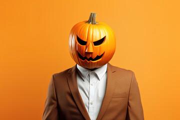 Portrait of a man's head with a Halloween pumpkin isolated on an orange background. Businessman wearing a suit in a minimalist style. Copy space for text. Funny pumpkin face.