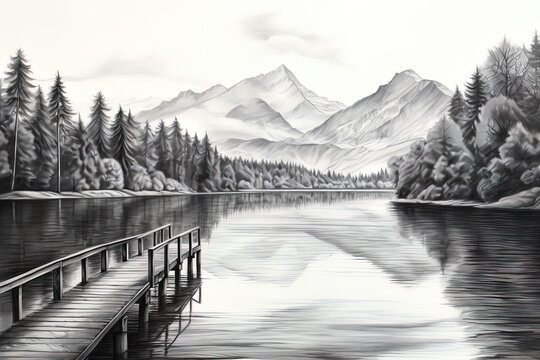 Mountain lake landscape with wooden pier. Black and white painting.