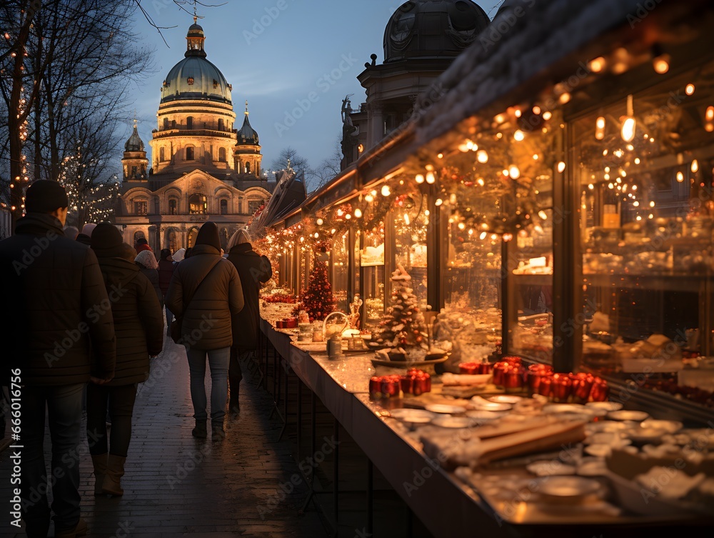 Canvas Prints Festive Christmas market stalls in a European city, adorned with seasonal decorations and offering a variety of winter treats and gifts, encapsulating the enchanting atmosphere of the holiday season.