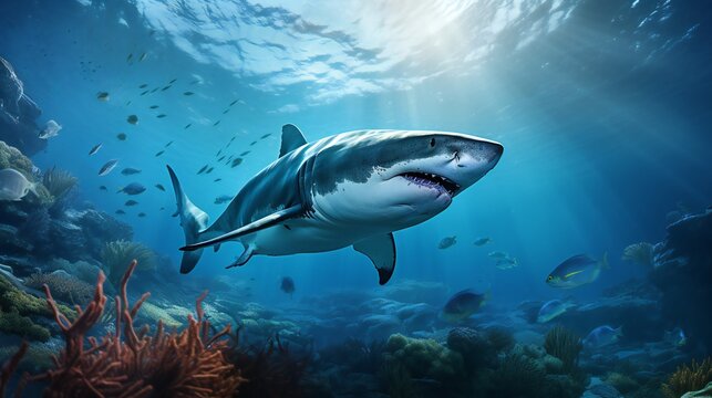 Great white shark in the Red Sea. 3d render. Underwater world.