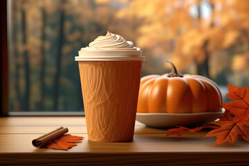 Paper cup of coffee on a wooden table, with autumn leaves and pumpkins in the background