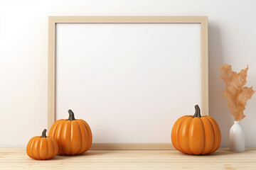 White wooden frame with ripe orange pumpkins and autumn leaves, Scandinavian style interior design Halloween home decoration. Picture frame mockup with copy space.