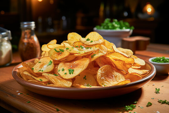 Fresh home made potato chips seasoned with parsley and salt 1