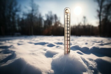 thermometer in snow, measuring temperature in Celsius or Fahrenheit. Generative AI