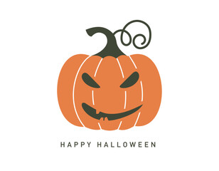 Spooky Carved Pumpkin with Happy Halloween Text - Flat Design Vector