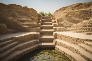 Historical water storage system with stone stairs and walkways in the Middle East. Generative AI