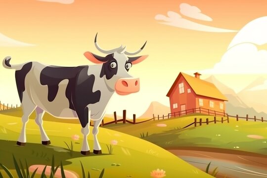 adorable cartoon cow on a rural area. Generative AI