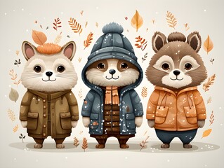 Enchanting illustration of various animals donned in warm jackets, embodying the festive spirit amidst a snowy Christmas setting.