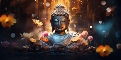 Buddha golden statue decorated with lotus blossoms - obrazy, fototapety, plakaty