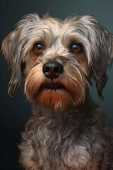 Naklejka na ściany i meble Portrait of a Yorkshire Terrier with blue eyes on a dark background