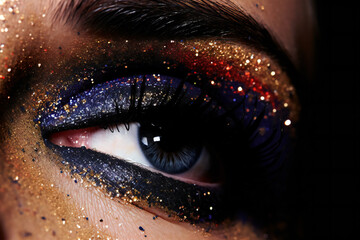 Close-up shot of beautiful woman's eye with bright makeup