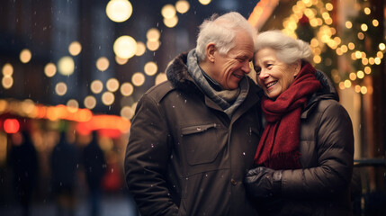 a couple of older couple enjoy christmas,Portrait of smiling couple seniors celebrate. - obrazy, fototapety, plakaty