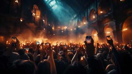 Fototapeta na wymiar A crowd of people at a live event, concert or party holding hands and smartphones up,participants of a live event venue with bright lights above.