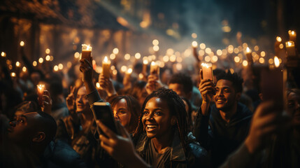 A crowd of people at a live event, concert or party holding hands and smartphones up,participants...