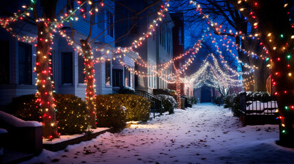 Christmas night house and street in garlands. Generative AI,