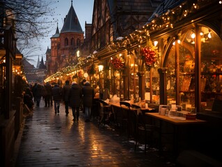 Fototapeta na wymiar Festive Christmas market stalls in a European city, adorned with seasonal decorations and offering a variety of winter treats and gifts, encapsulating the enchanting atmosphere of the holiday season.