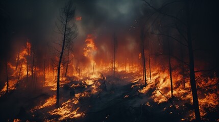 Raging and terrifying forest fire with thick plumes of heavy smoke billowing into sky engulfing forest area, atmosphere of chaos and tragedy, fiery inferno consumes serene forest