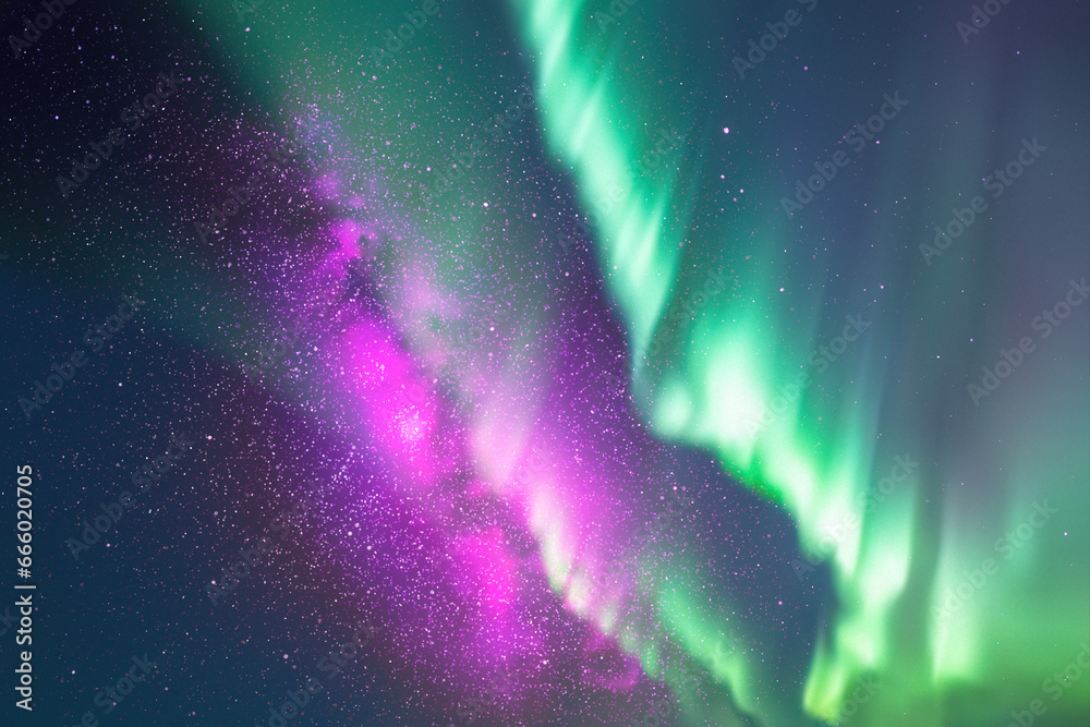 Sticker night starry sky. milky way and northern lights. green aurora borealis