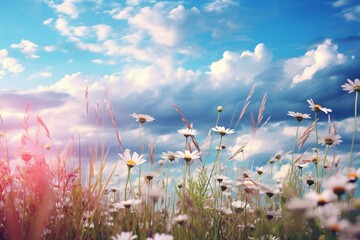 Captivating field with chamomile and blue wild peas under a sky painted with clouds. Macro shot of nature's artistic and delightful landscape. Generative AI