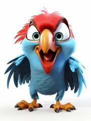 An Angry 3D Cartoon Macaw on a Solid Background