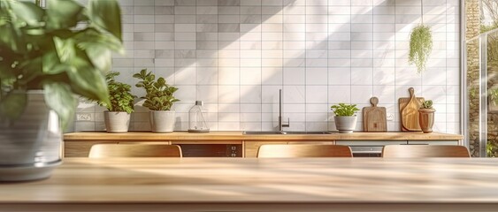 Empty wooden table modern kitchen interior. Elegant design and luxury living. Contemporary home. Sleek style and functional space. Clean and minimalist