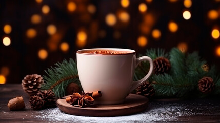 Obraz na płótnie Canvas A cup of hot drink on a Christmas background. Generative AI,