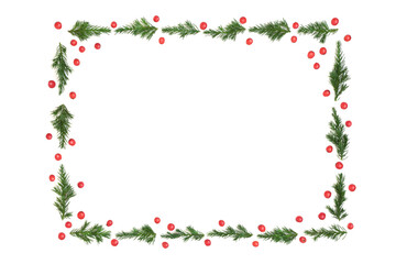 Juniper fir and holly berry winter greenery background border. Minimal Christmas, Noel, Yule frame design for invitation, logo, card, menu, Noel, Yule.