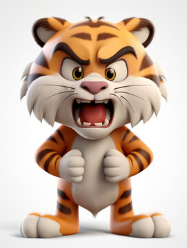 An Angry 3D Cartoon Tiger on a Solid Background