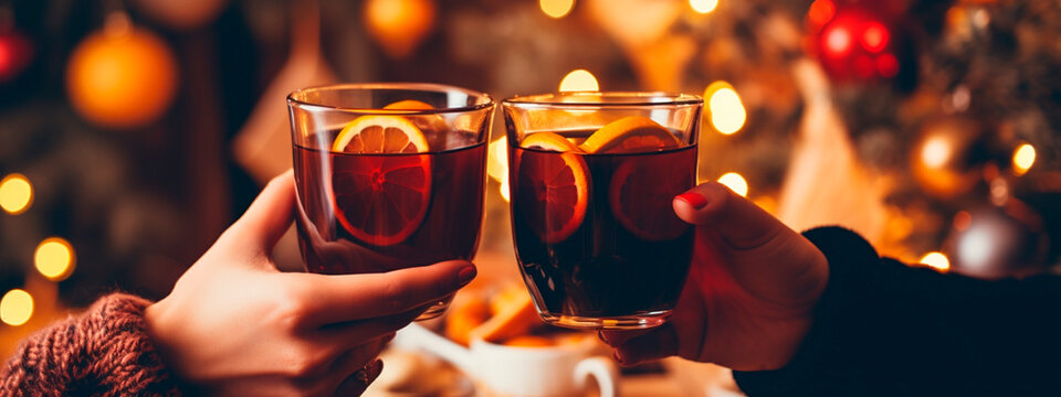 Christmas mulled wine in the hands of a woman. Generative AI,
