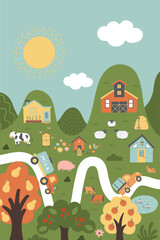 Farm background with farmhouses, animals, chicken coop, trees, road, cars.