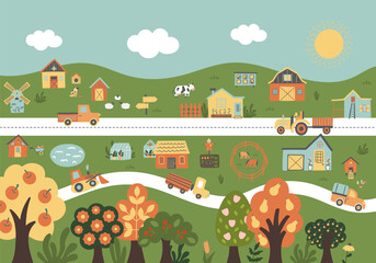 Farm wall poster with farmhouses,hills, animals, garden, trees, car, chicken coop. © savvalinka