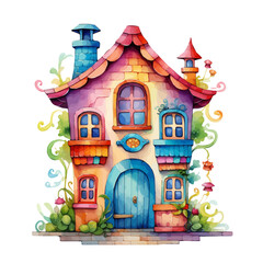 水彩風のカラフルな森のお家イラスト