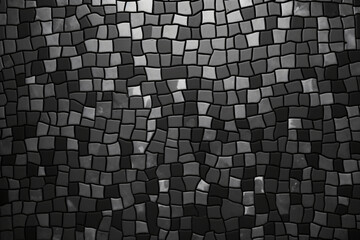 Black and grey mosaic pattern composed of small rectangular tiles arranged in a wave-like formation. - obrazy, fototapety, plakaty