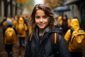 Girl gazes at the camera while on a rainy day, she's headed to school with her classmates