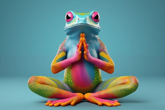 Multicoloured frog doing yoga pose, mindfullness concept, new year's resolution, Mindfulness Day, World Frog Day or National Frog Month (April) banner